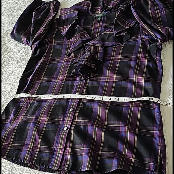 LRL Ruffled Trim Neckline Buttondown Plaid Blouse - Picture 10 of 15